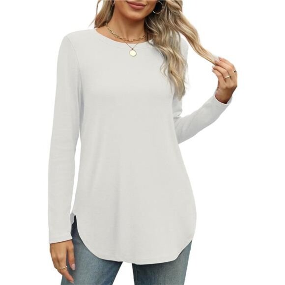 Womens Long Sleeve Round Neck Shirts Side Split Basic Loose Tunic Tops - Picture 2 of 5